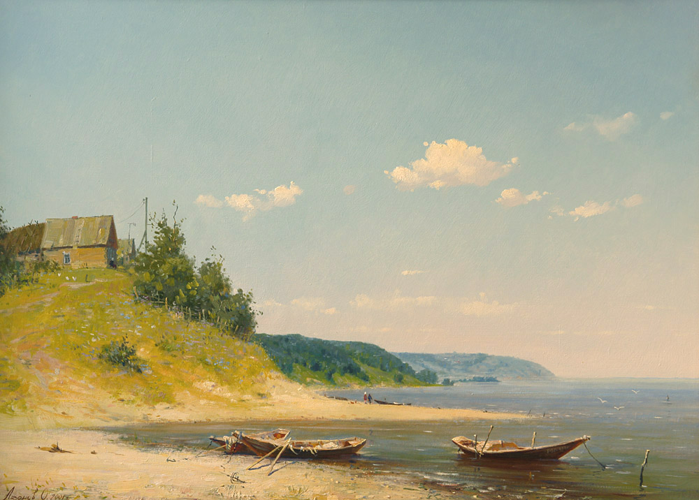 Volga, Oleg Leonov- painting summer day, village boats on the shore of the Volga