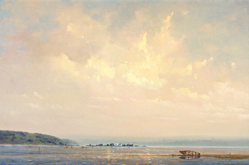 Вид на деревню "Сумки", Олег Леонов- картина, река Волга, деревня, облачное небо, пейзаж, реализм