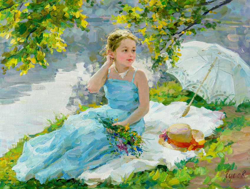 Отдых, Владимир Гусев- картина, лето, девушка, отдых на берегу реки, цветы