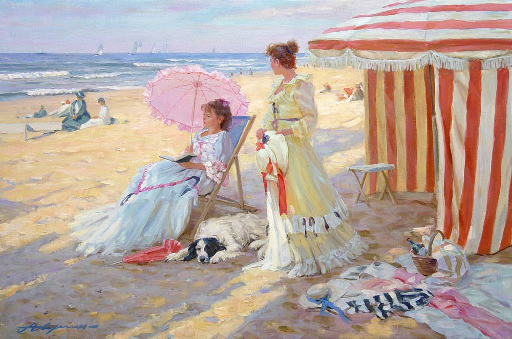 Rest in Normandy, Alexandr Averin- two girls, sandy shore, striped tent painting