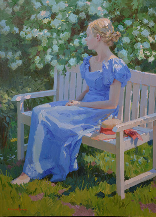 Blossoms buldonezh, Evgeny Balakshin- painting,summer warm evening,the girl on a bench in a garden