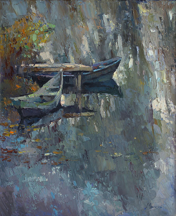 Поздняя осень, Алексей Зайцев- лодки, озеро, картина в стиле импрессионизм, осенний пейзаж