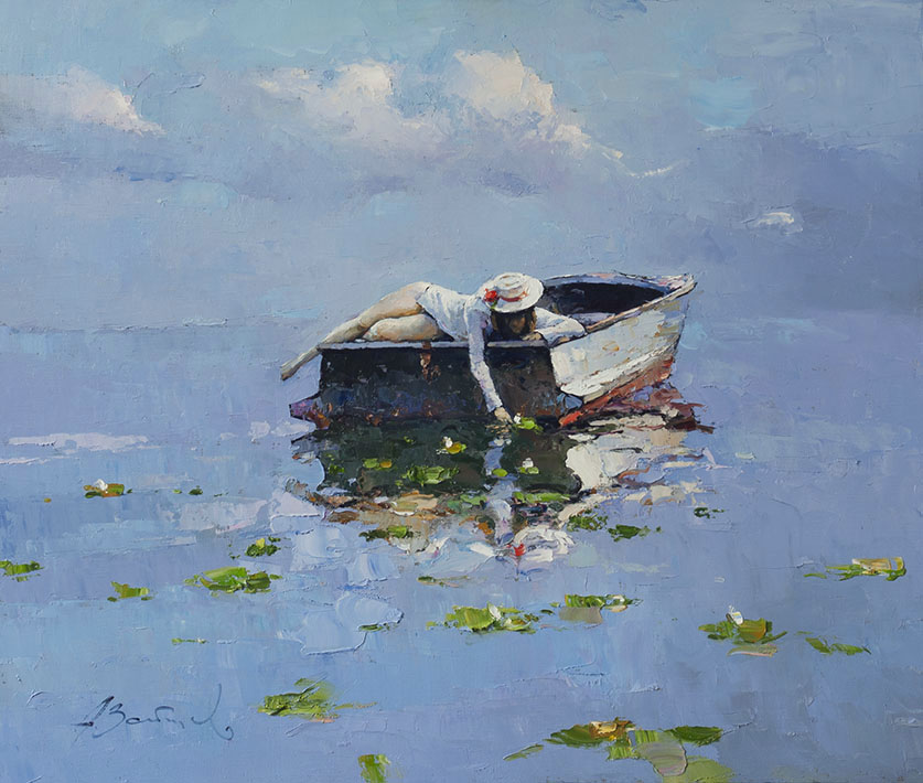 Water lilies, Alexi Zaitsev- lake, girl in boat, painting impressionism, lily