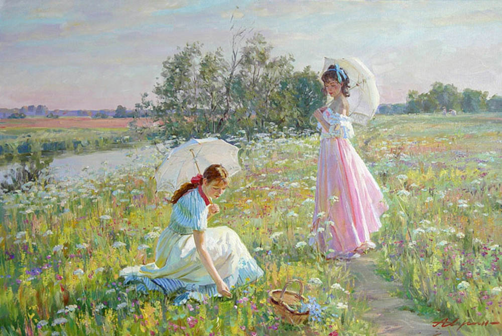 Прогулка #2, Александр Аверин- картина, девушки с зонтиками, луговые цветы, речка