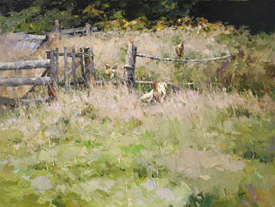Mrs. Nyura manor, Alexi Zaitsev- rustic fence, gate, chickens, rooster, painting