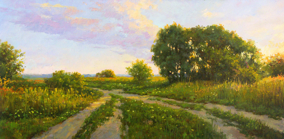 Gentle dawn, Viktoria Levina- lane, blooming field, Russian landscape painting