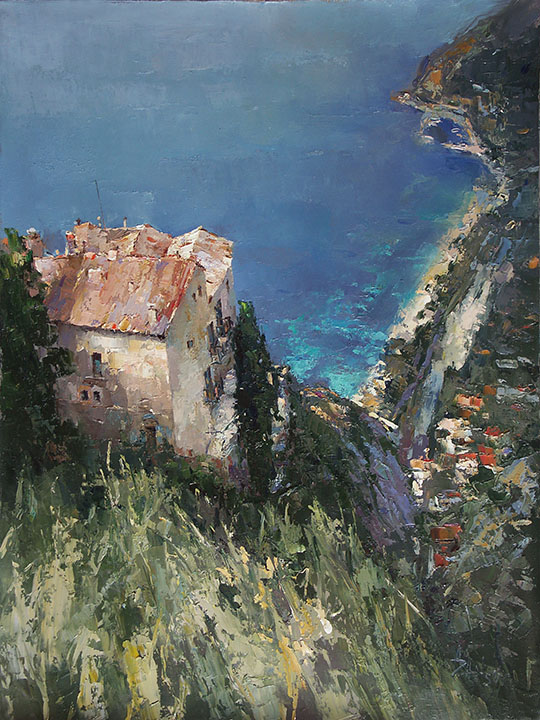 Eze town, Alexi Zaitsev- French seascape, impressionism, houses on the rocks
