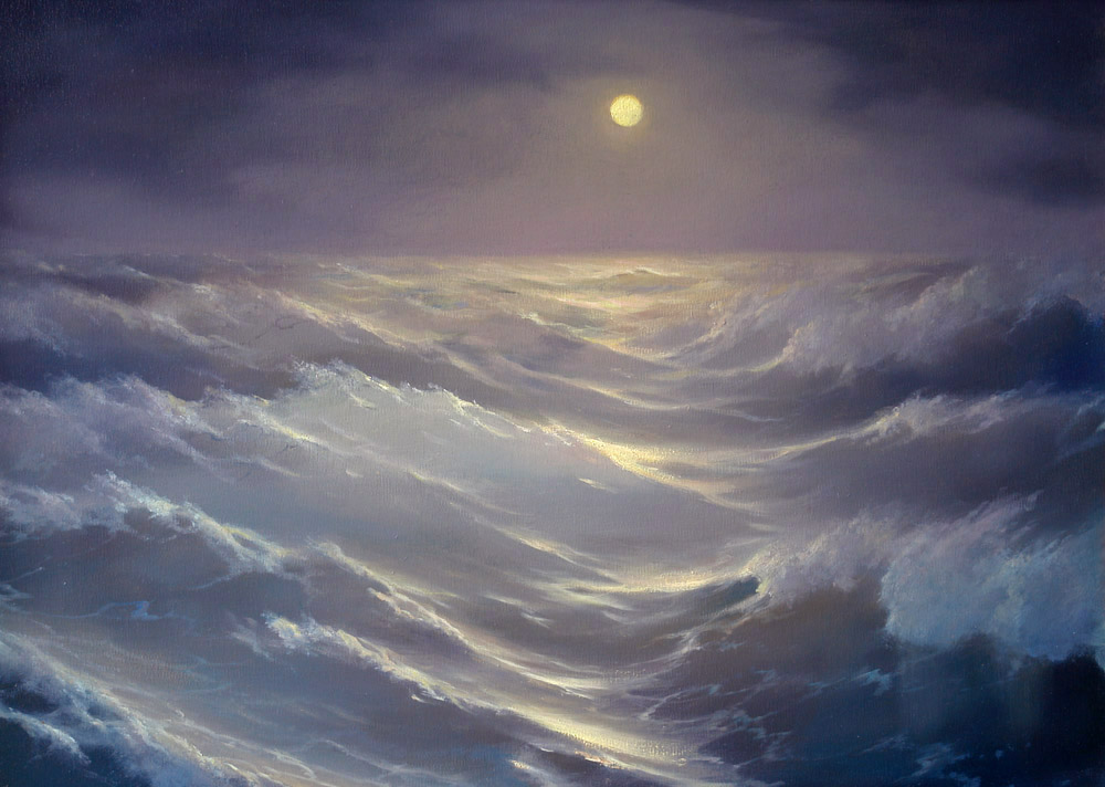 The moon and sea, George Dmitriev- painting, sea in the light of the moon, lunar path, night