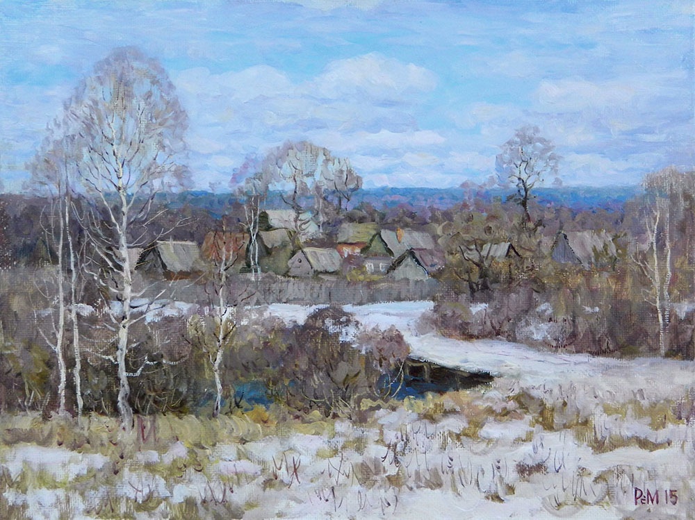 Village Poboyki, Rem Saifulmulukov- painting, winter, village, snow, birch, realism, landscape