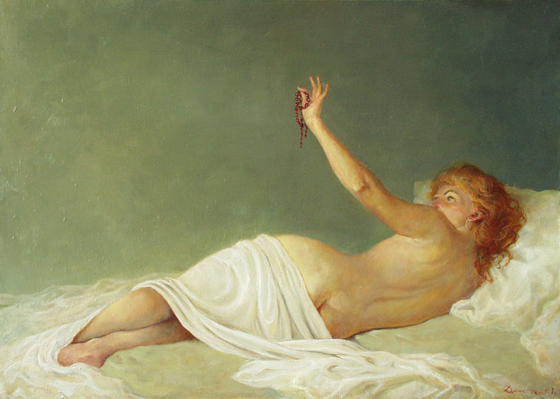 Ruby beads, George Dmitriev- painting, girl, nude model, beads, realism