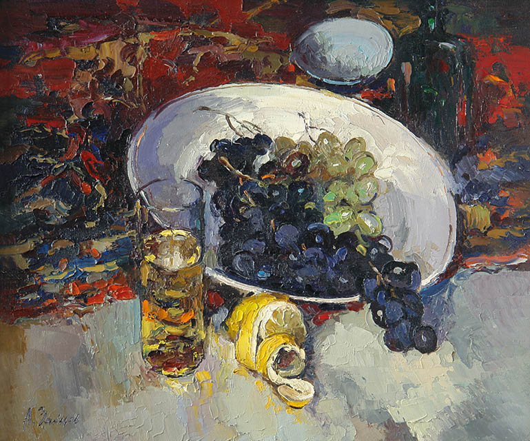 Still life with grapes, Alexi Zaitsev- plate with grapes, lemon, painting, impressionism