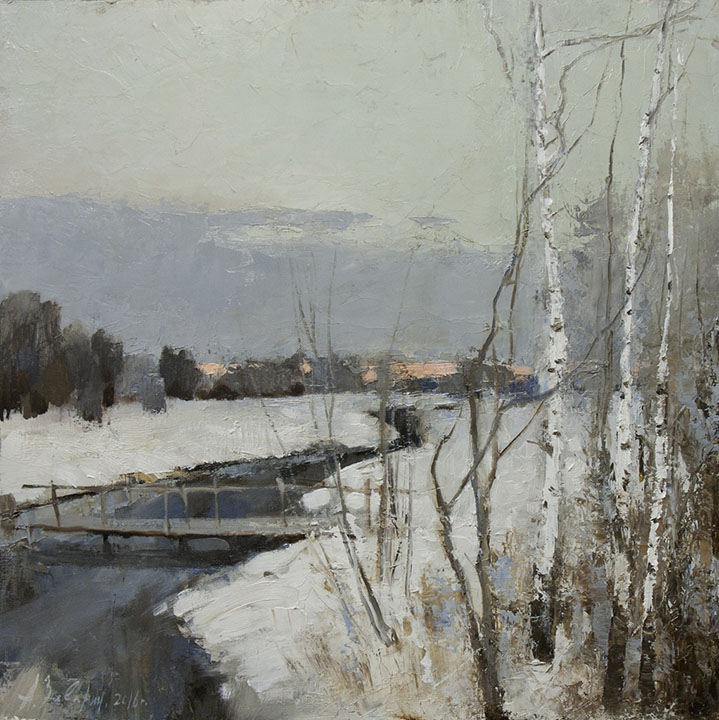 Зимний вечер, Александр Заварин- картина зимний пейзаж с березками, импрессионизм