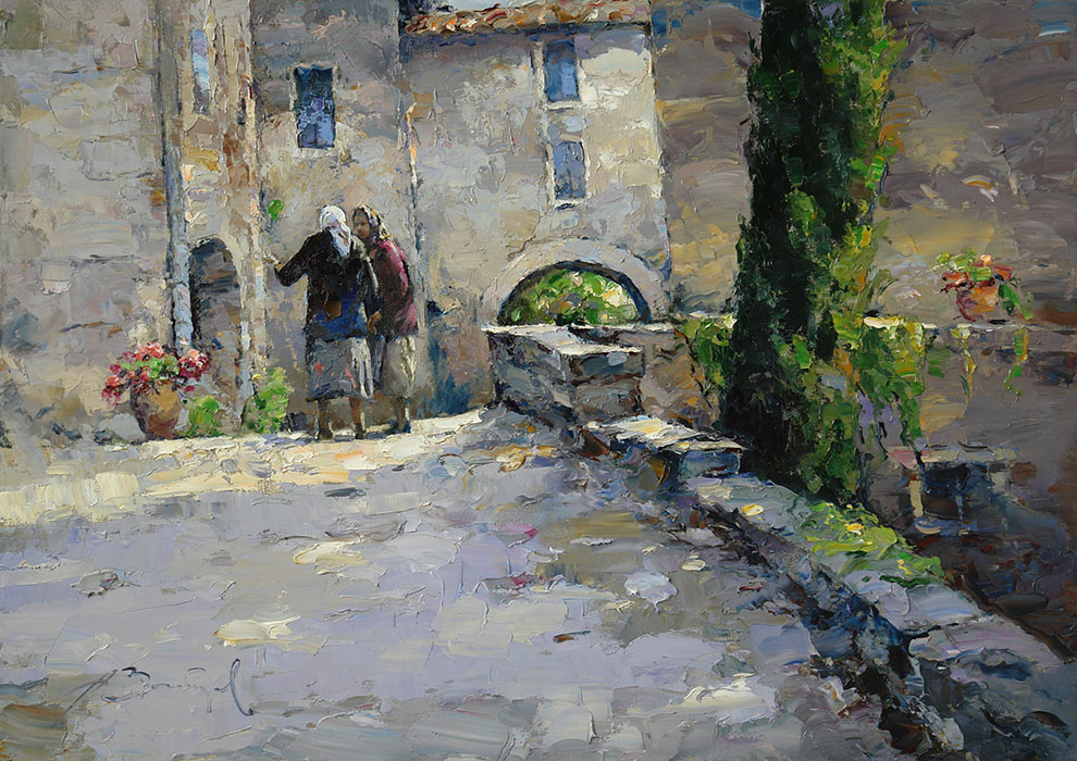 Morning news. Provence, Alexi Zaitsev- cityscape painting, impressionism, two women