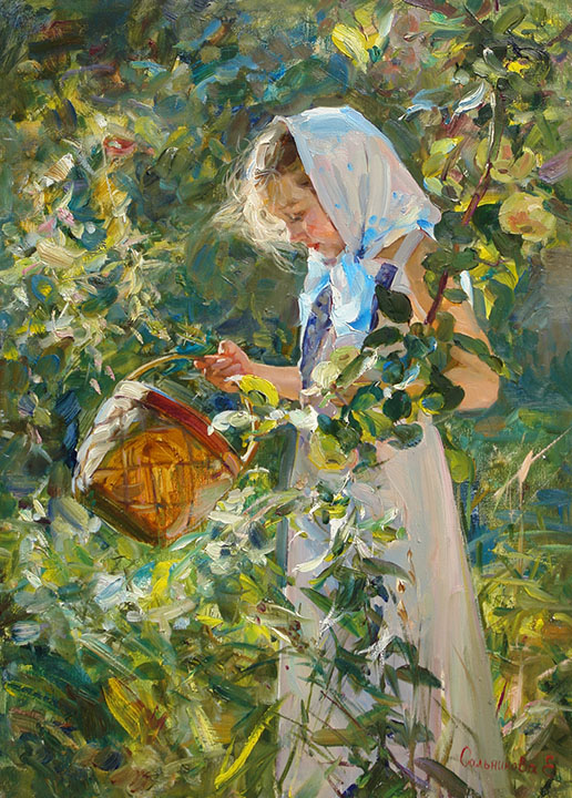 Apples, Elena Salnikova- painting girl in scarf, impressionism, basket with apples