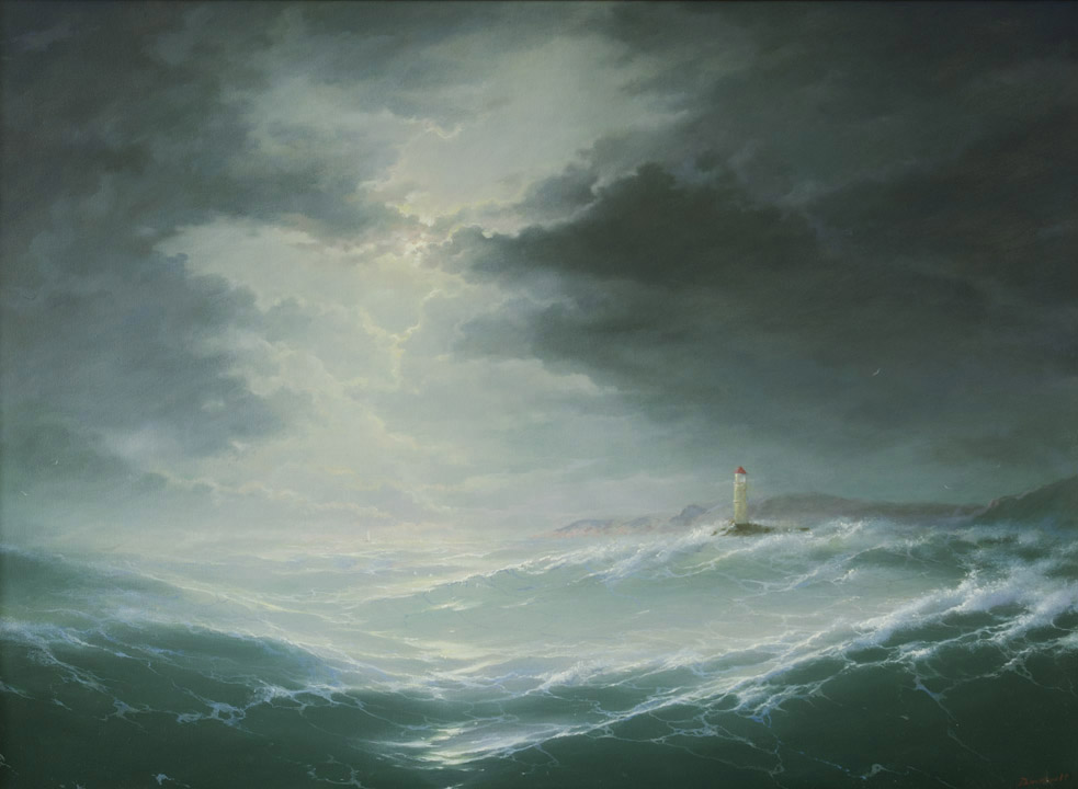 Mediterranean motive, George Dmitriev- seascape painting, stormy sea, waves, lighthouse, moon