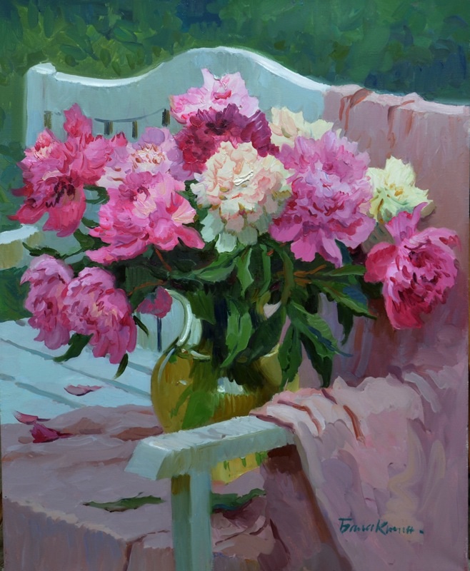 На скамейке, Евгений Балакшин- картина, весна, сад, скамейка, букет пионов, реализм