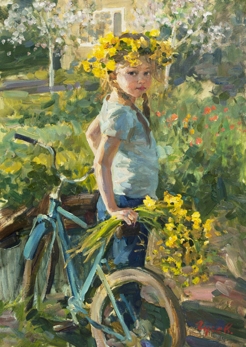 This is My Home, Vladimir Gusev- painting, girl, bike, recreation, summer, flowers, home to