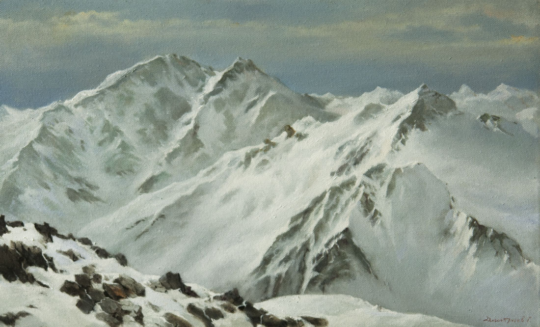 View from glacier "Big Azau", George Dmitriev- painting, snow-capped peaks of the Caucasus Mountains