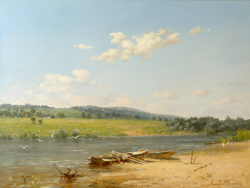 На Оке, Олег Леонов- картина, река Ока, лодки на берегу, чайки, лето, отдых