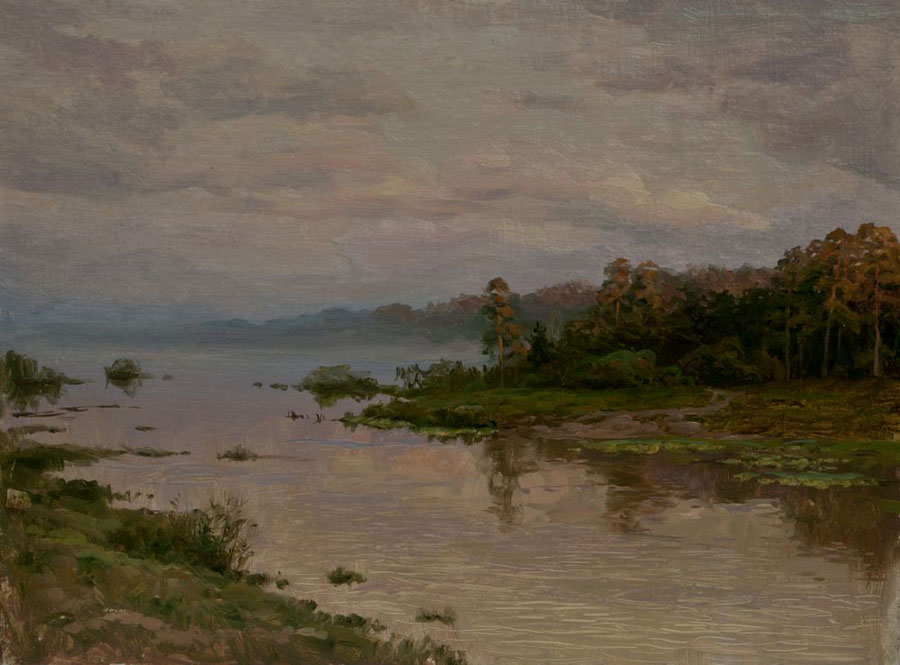At dawn, Rem Saifulmulukov- painting, summer, forest, river, morning, peace, realism