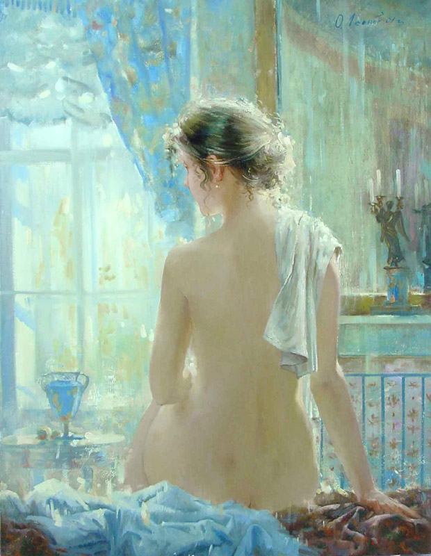 Голубое утро, Олег Леонов- картина, ню, обнаженная девушка, ню, красота женского тела