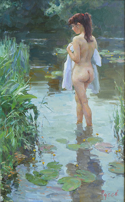 The Bather, Vladimir Gusev- painting,  girl, river, bathing, summer, nude