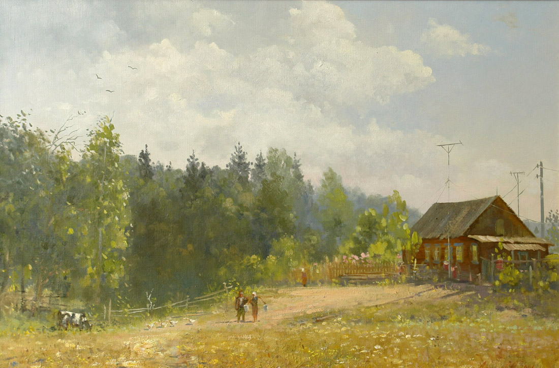 Август. Зной, Олег Леонов- картина, деревенский пейзаж, летний жаркий день, березки
