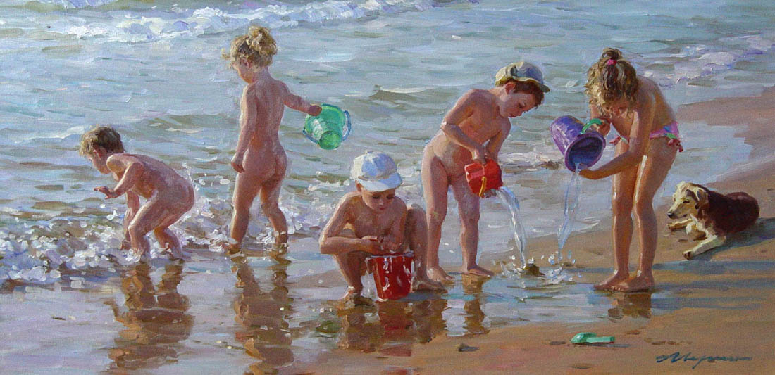 Happy childhood, Alexandr Averin- picture suntanned kids , warm sea , summer