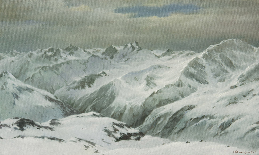 View on the Main Caucasus Ridge from a slope of Elbrus, George Dmitriev- painting, Caucasus mountains, snow in the mountains, Elbrus