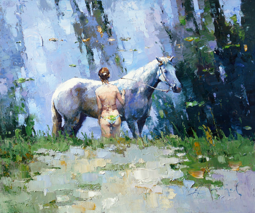 На реке, Алексей Зайцев- картина, импрессионизм, лошадь, девушка в купальнике