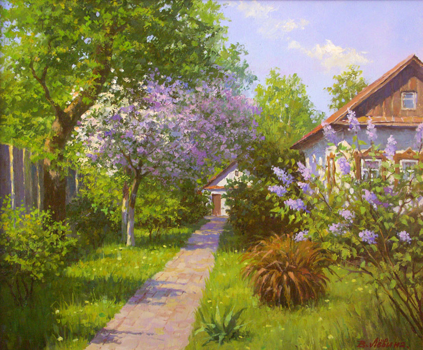 In the spring garden, Viktoria Levina- house in the village, blooming lilacs, garden path, painting