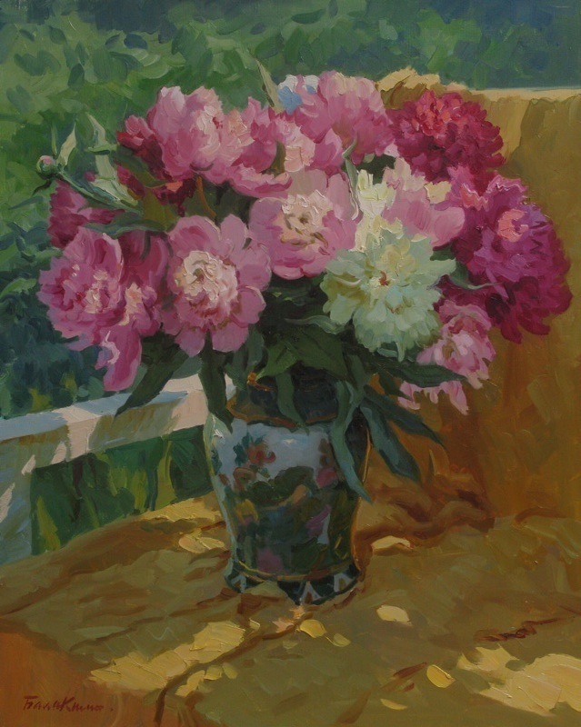 Peonies, Evgeny Balakshin- painting, spring, garden, bouquet of peonies, impressionism