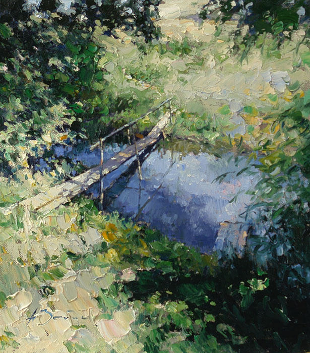 The small bridge in the village of Pokrovskoe, Alexi Zaitsev- rural landscape with river, field, painting, impressionizm