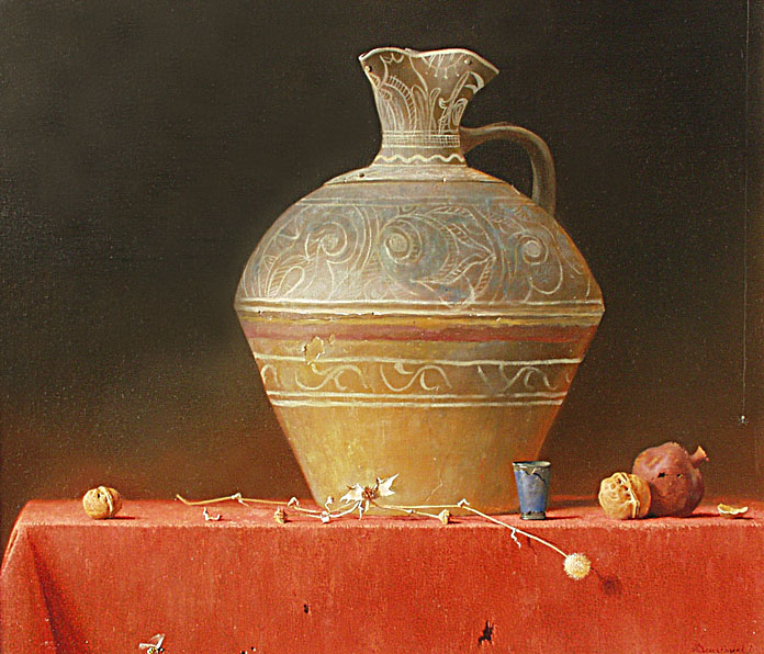 Ancient jug, George Dmitriev- painting, still life with a jug, ornament, table