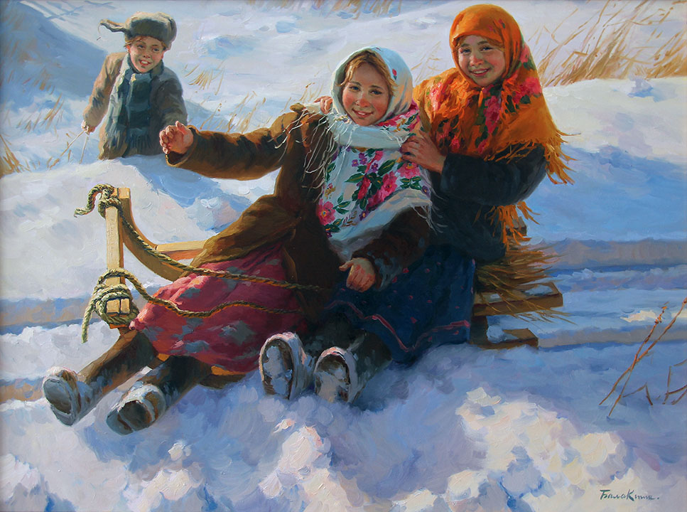 At pancake week, Evgeny Balakshin- winter genre painting, sled, snow, children, Russian realism