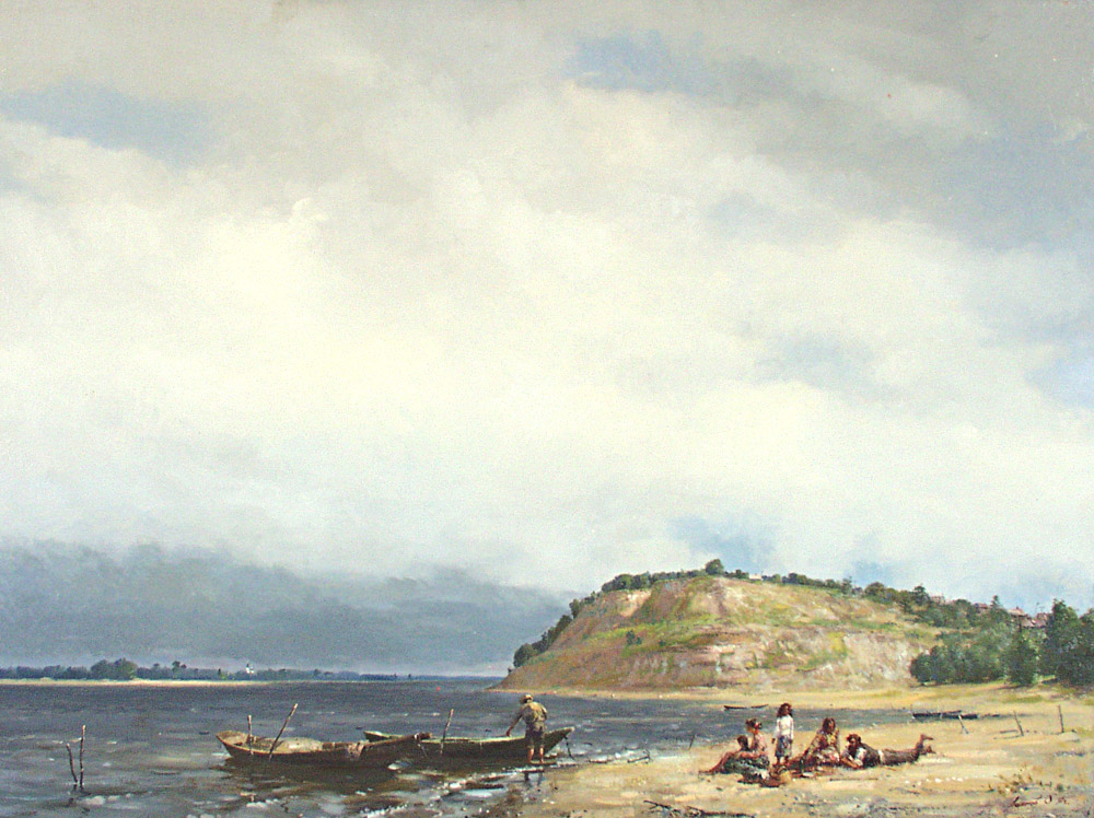 На Волге у "Марьинского Посада", Олег Леонов- картина, река Волга, лодки, отдых на берегу, лето