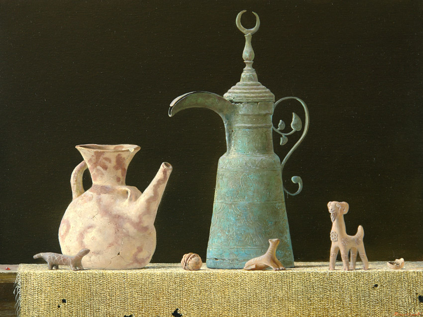 Игрушки пустыни, Георгий Дмитриев- картина, натюрморт со старинными кувшинами, статуэтки
