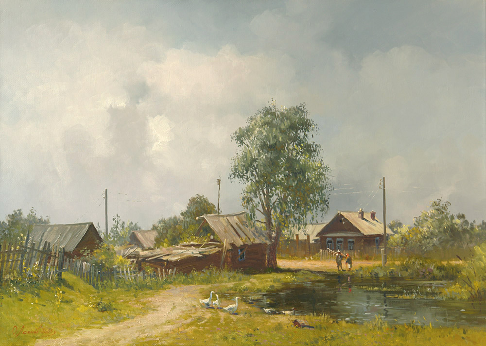 Полдень, Олег Леонов- картина, деревенский пейзаж, пруд, гуси, летний день