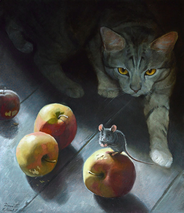 Беспечная, Татьяна Дерий- умная кошка, яблоки, мышь
