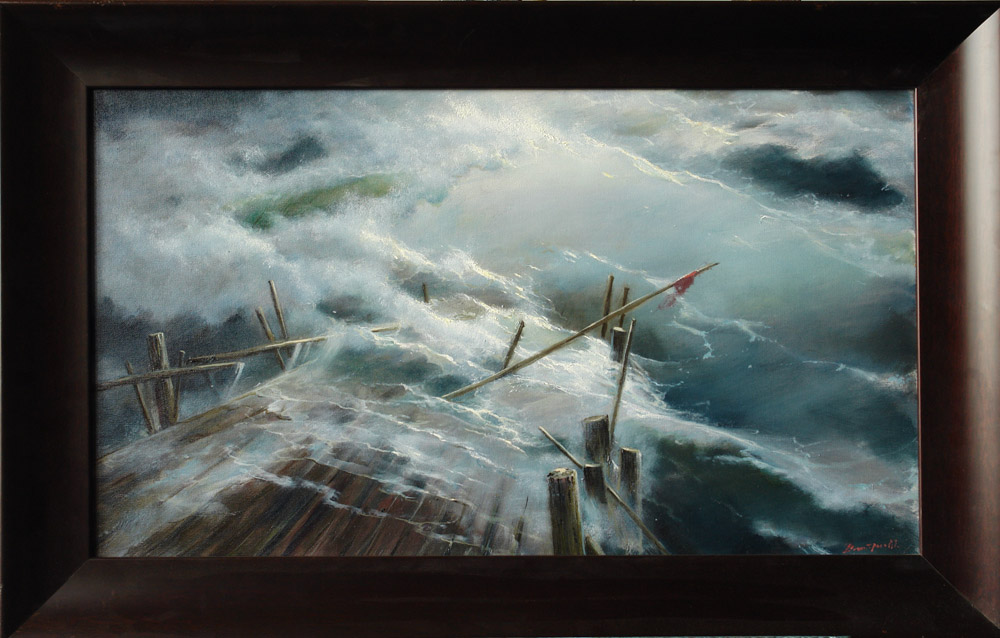 Storm, George Dmitriev- painting, seascape, waves, storm, quay, realism
