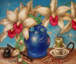 Still life with orchids and a candle
