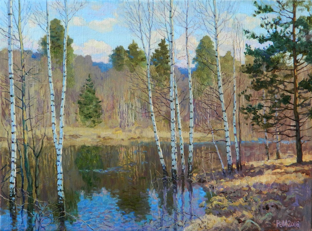 Birches in water, Rem Saifulmulukov- painting, spring, forest, birch, river, landscape, realism