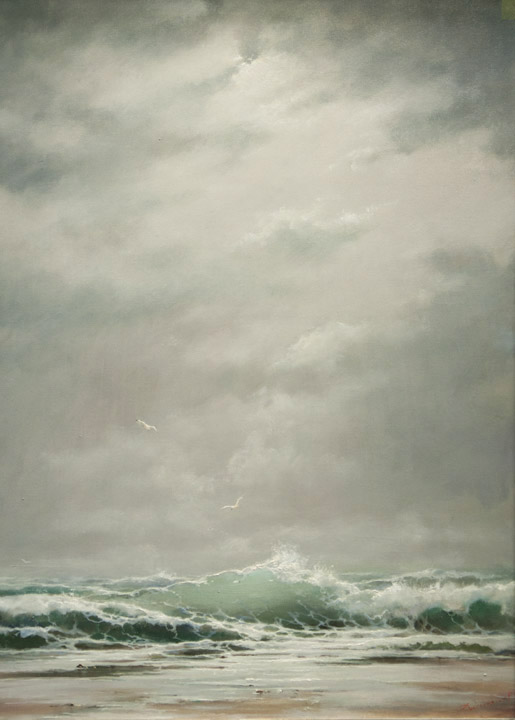 Seagulls over the sea, George Dmitriev- seascape painting, waves, clouds, high sky, realism