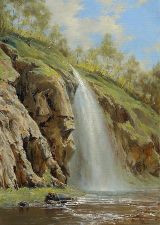 The honey waterfall in spring, George Dmitriev- painting, waterfall, mountain, early spring, birch, realism