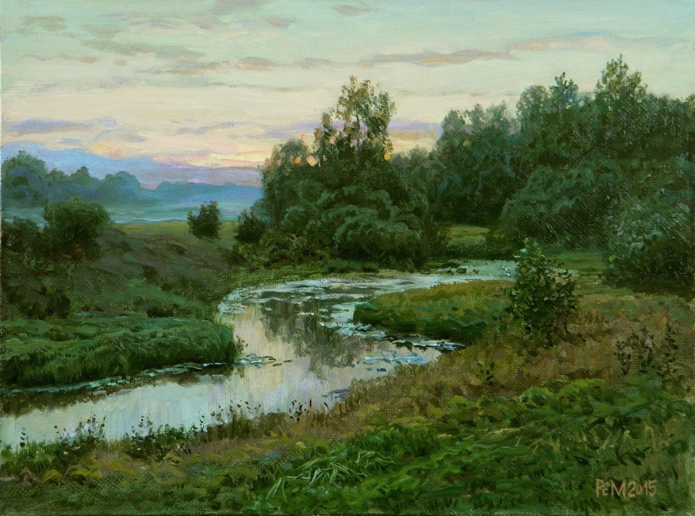 Summer evening, Rem Saifulmulukov- painting, summer, forest, river, Russian nature, realism