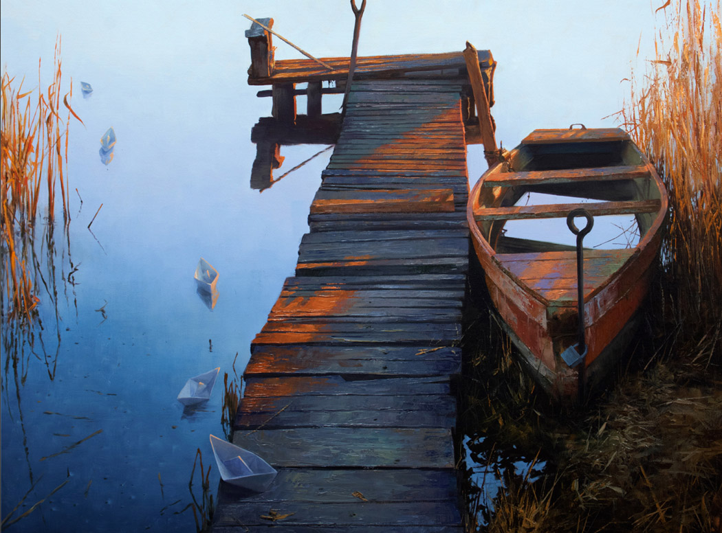 Little ships (to order), Dmitri Annenkov- nostalgic picture, hyperrealism, old boat, pier, painting