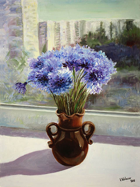 Cornflowers on the window, Vladimir Volosov