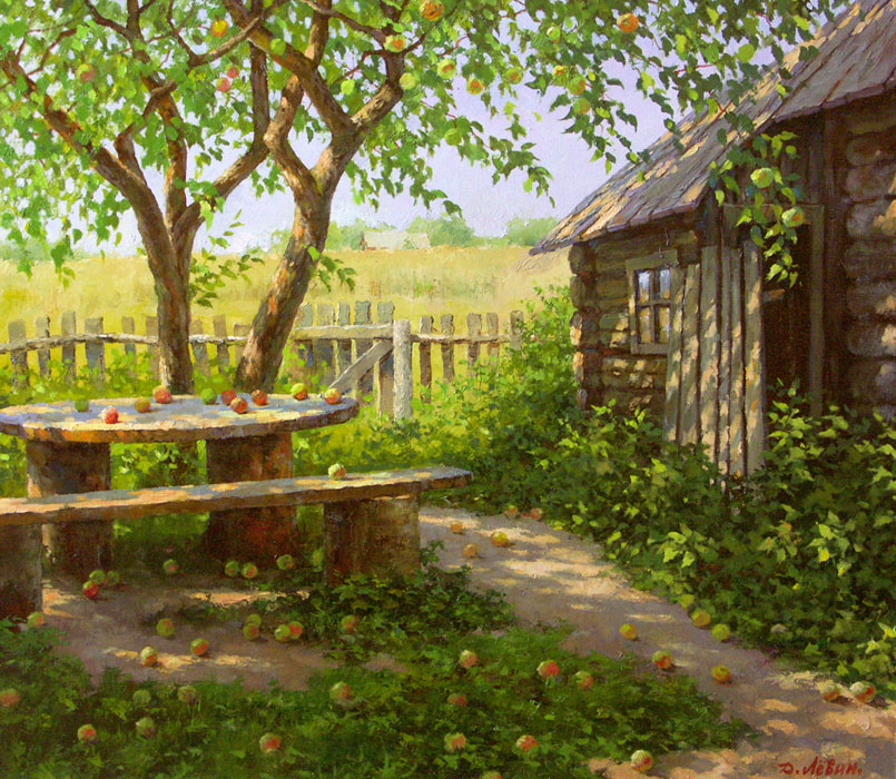 Яблочный спас, Дмитрий Лёвин- картина пейзаж с яблоней, спелые яблоки, стол