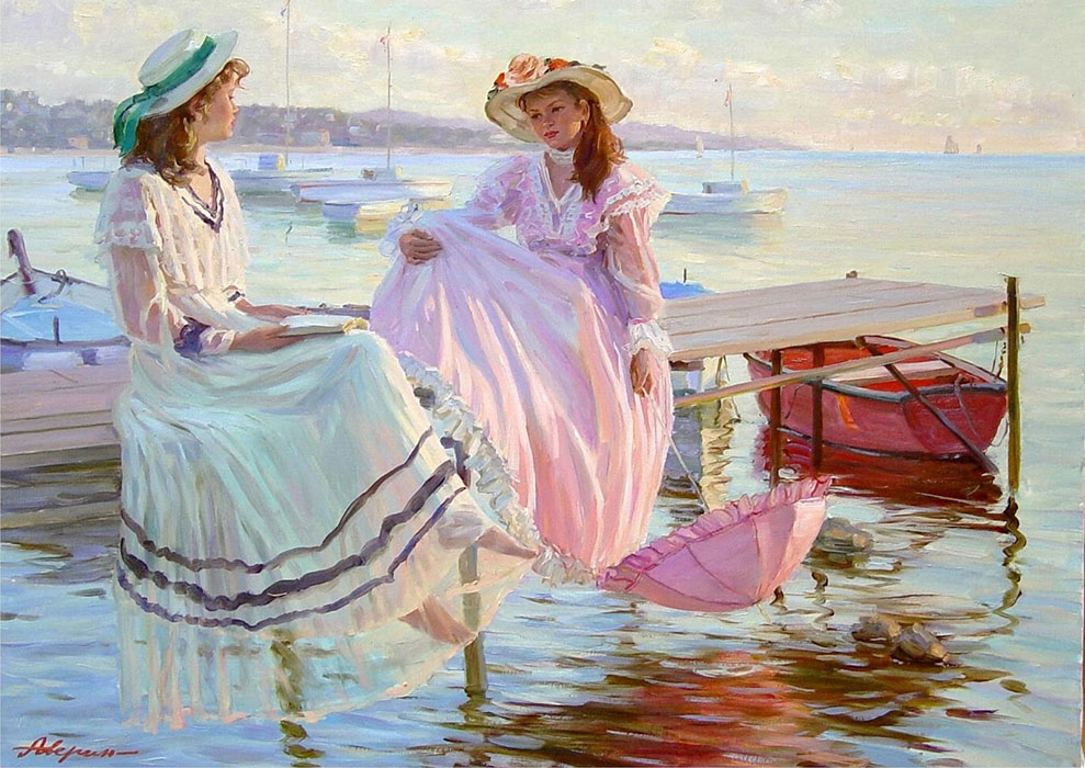 On the pier, Alexandr Averin- beautiful girls in hats, Normandy, painting Impressionism