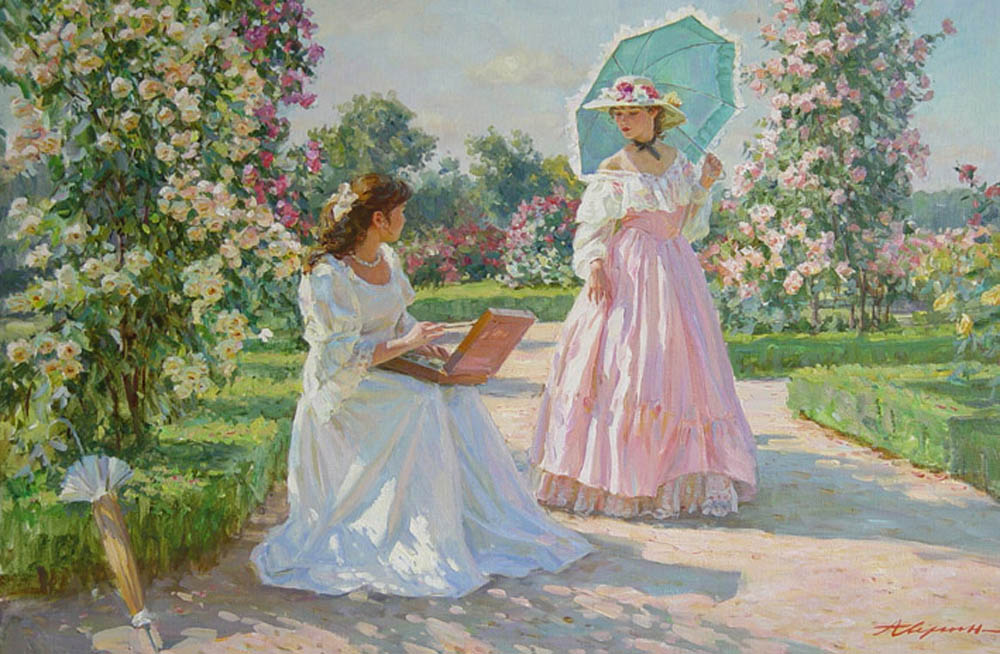 It is time flowerings. (Parc de Bagatelle), Alexandr Averin- painting, Park Bagatelle in Paris , the beautiful hats
